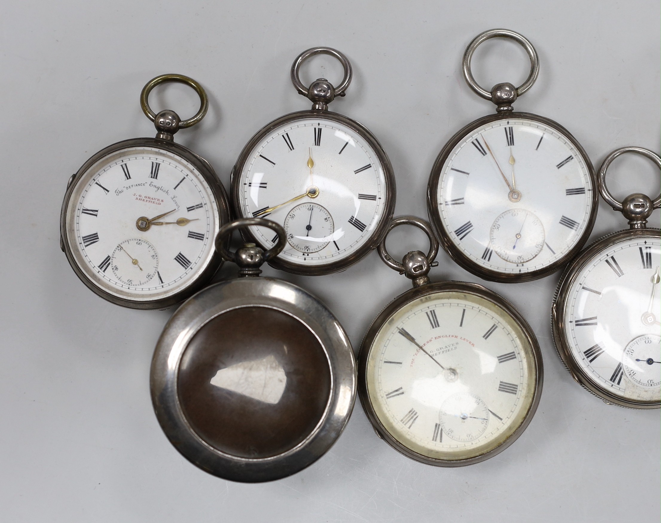 Eleven assorted Victorian and later silver or white metal pocket watches, including The Defiance English Lever, retailed by Graves of Sheffield and Joseph Taylor of Pontefract.